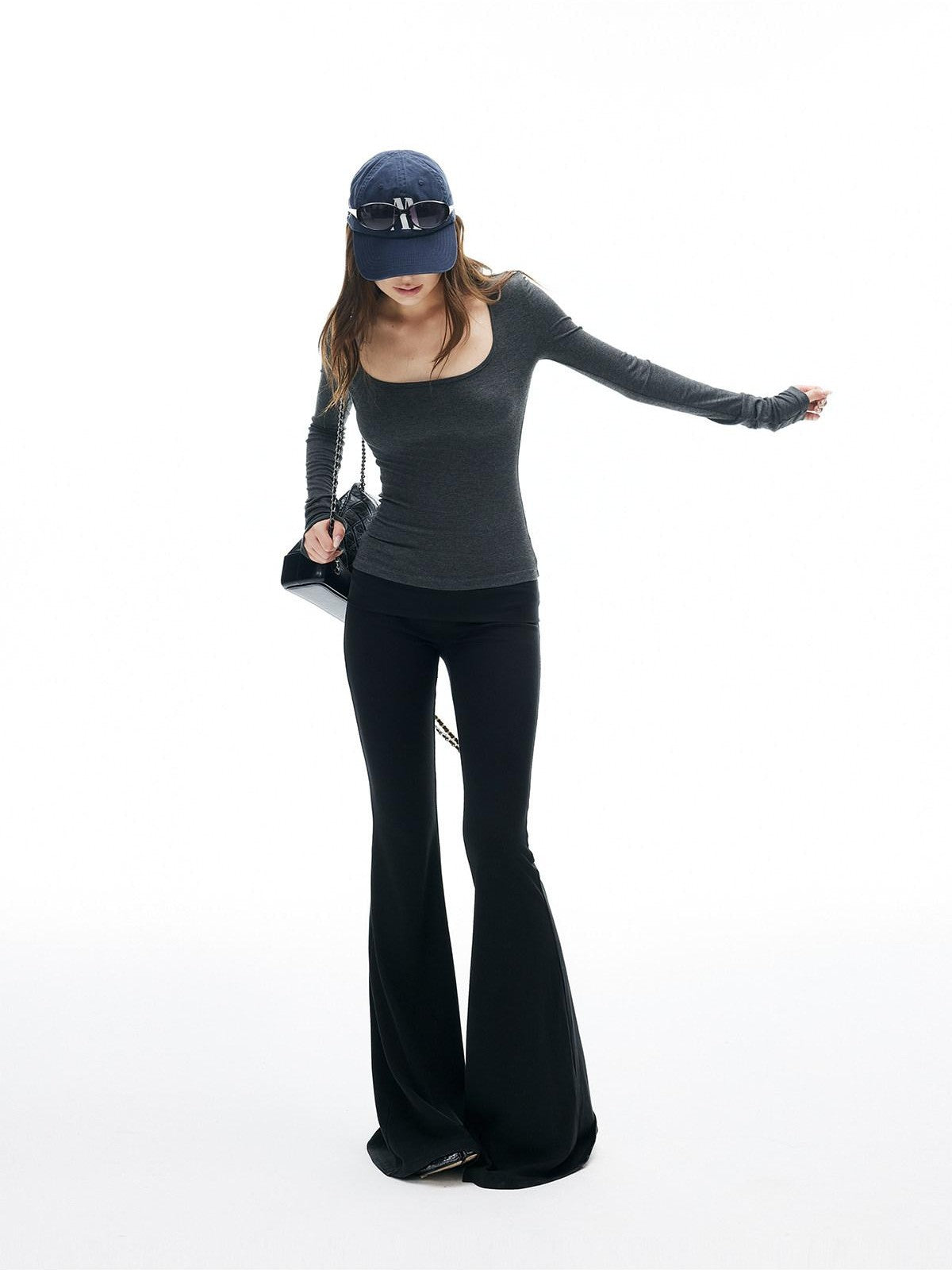 iamxiaa Heather Gray Coffee Green Square U Neck Narrow Slim Women&