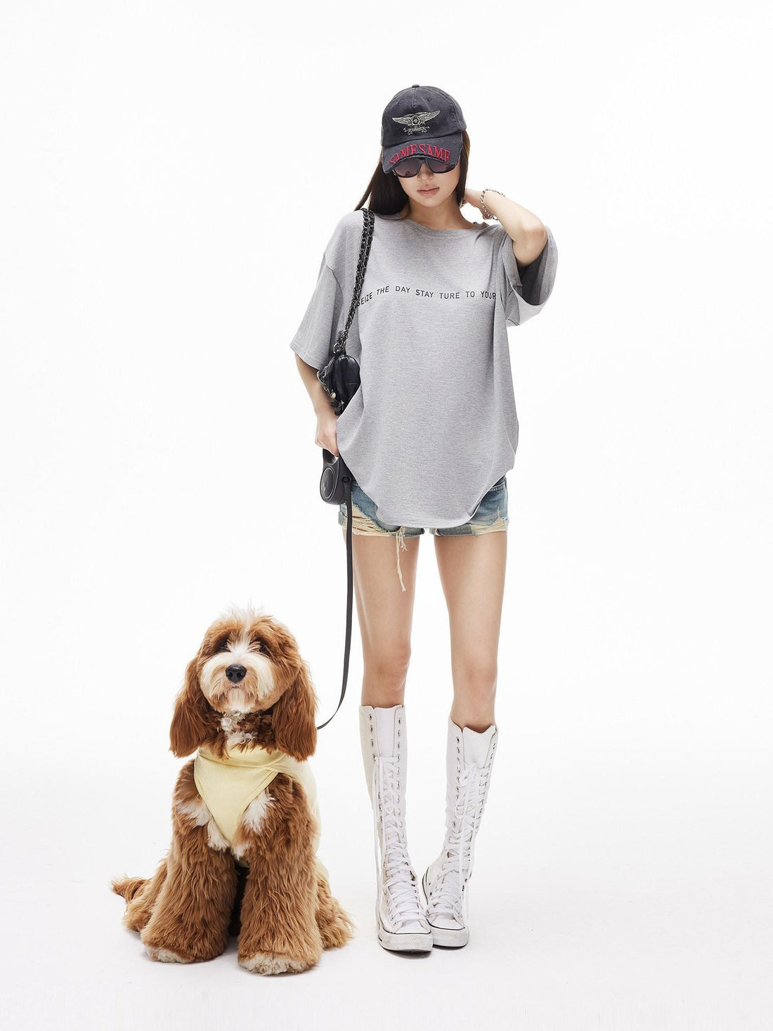 iamxiaa Heather Gray Letter Print Crew Neck Drop Shoulder Women&