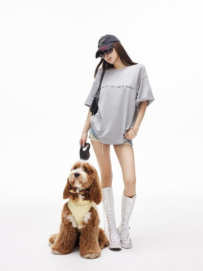 iamxiaa Heather Gray Letter Print Crew Neck Drop Shoulder Women&
