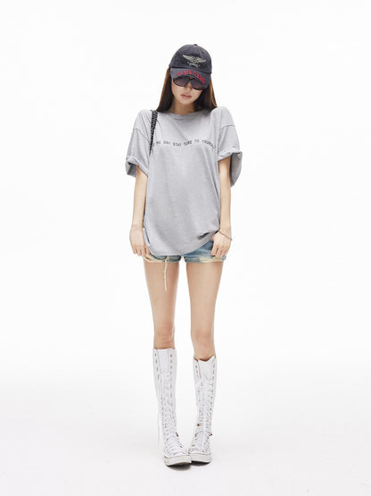 iamxiaa Heather Gray Letter Print Crew Neck Drop Shoulder Women&