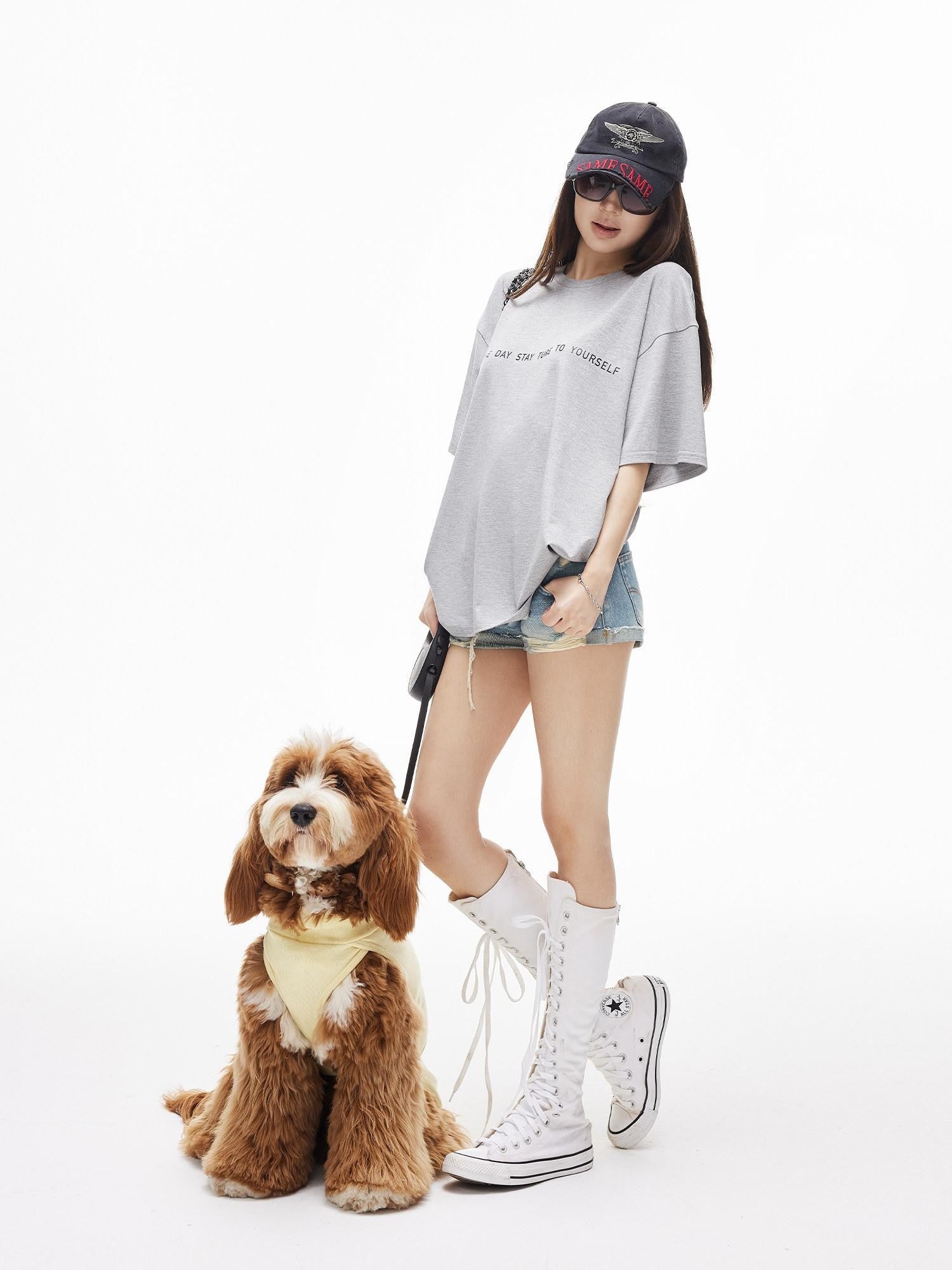 iamxiaa Heather Gray Letter Print Crew Neck Drop Shoulder Women&