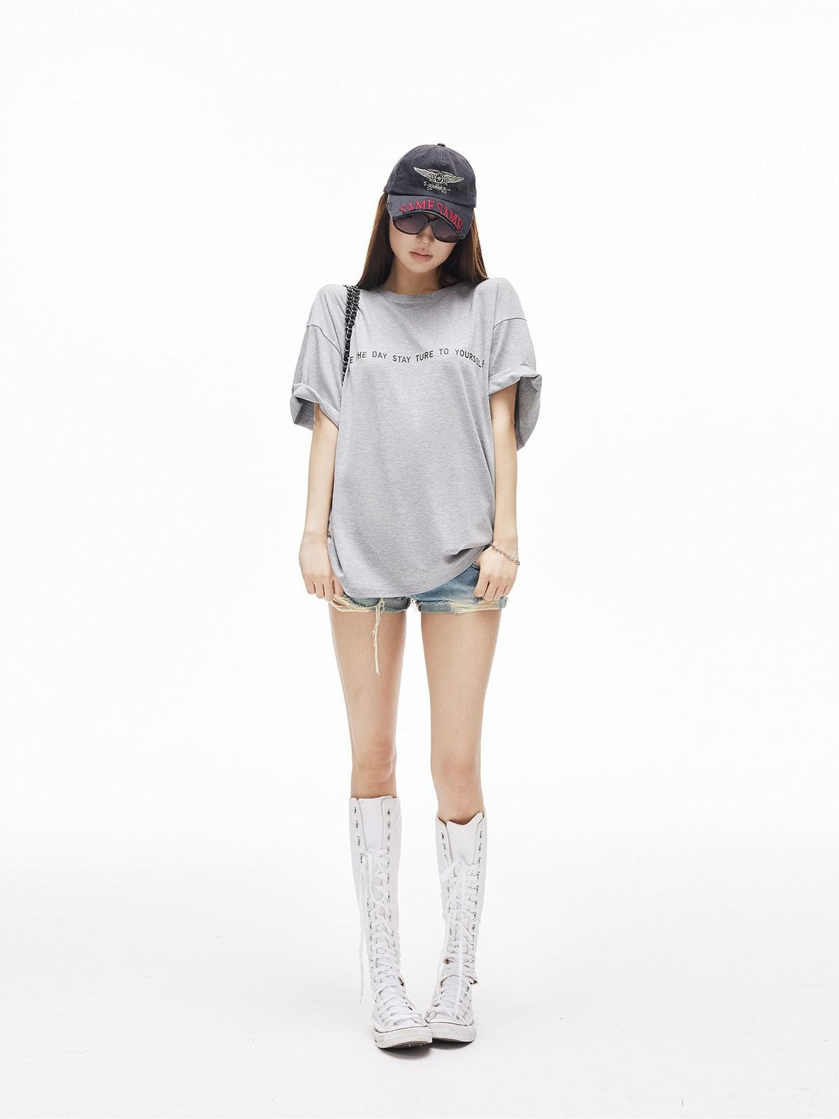 iamxiaa Heather Gray Letter Print Crew Neck Drop Shoulder Women&