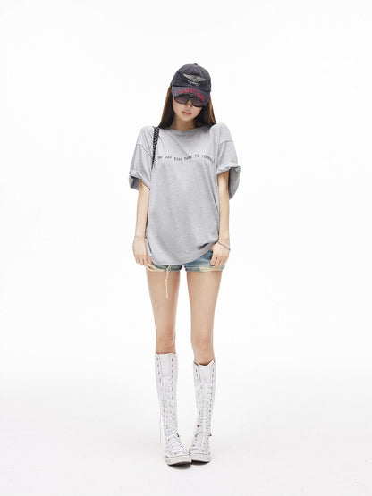 iamxiaa Heather Gray Letter Print Crew Neck Drop Shoulder Women&