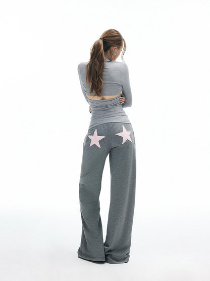 iamxiaa Heather Gray Star Applique Frayed Hem Straight Women&