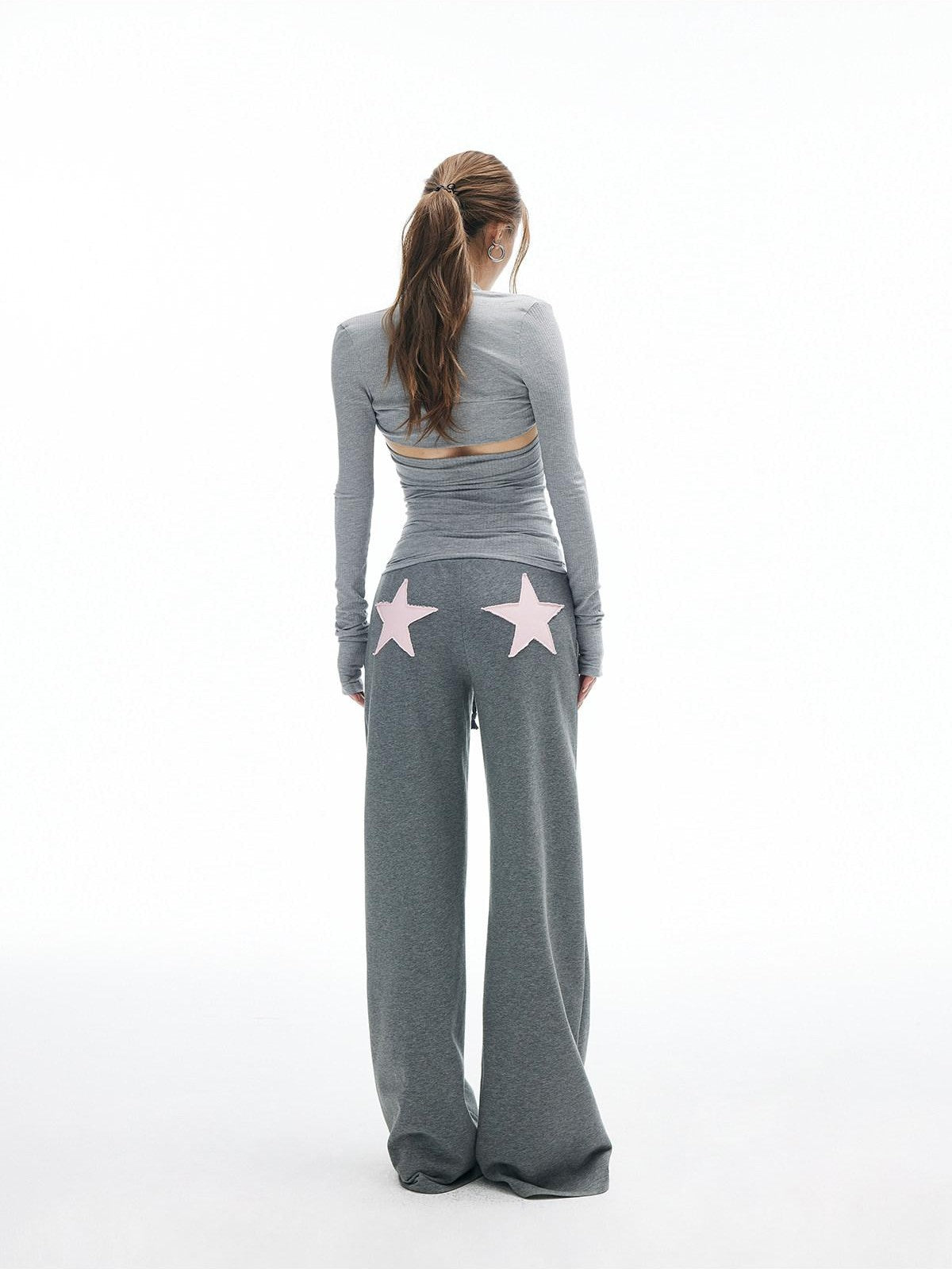 iamxiaa Heather Gray Star Applique Frayed Hem Straight Women&