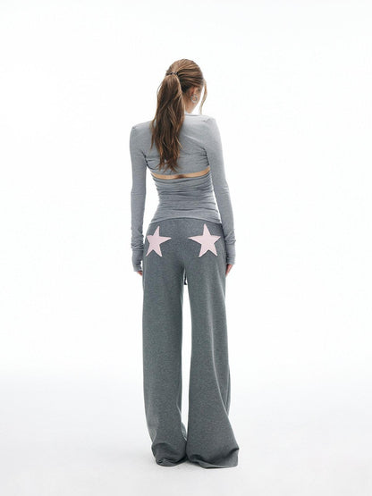 iamxiaa Heather Gray Star Applique Frayed Hem Straight Women&