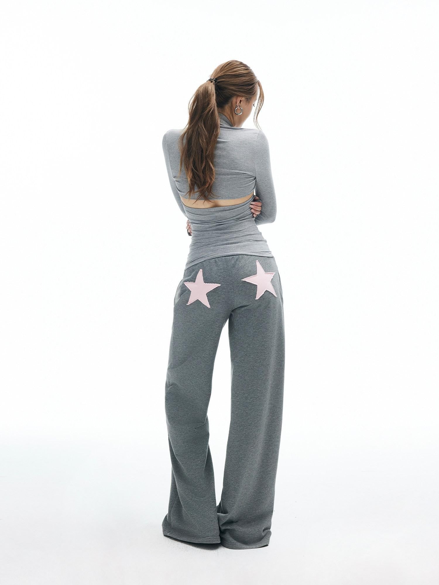 iamxiaa Heather Gray Star Applique Frayed Hem Straight Women&