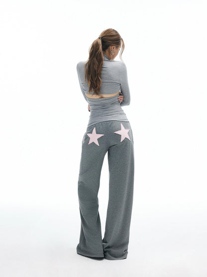 iamxiaa Heather Gray Star Applique Frayed Hem Straight Women&