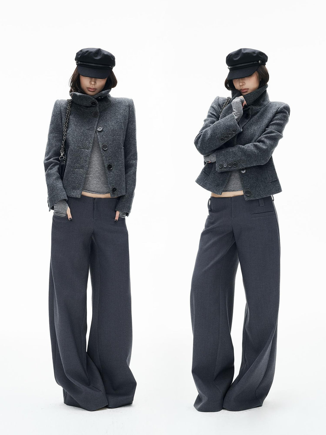 iamxiaa Heather Grey Buttoned High Neck Slim Fit Women&