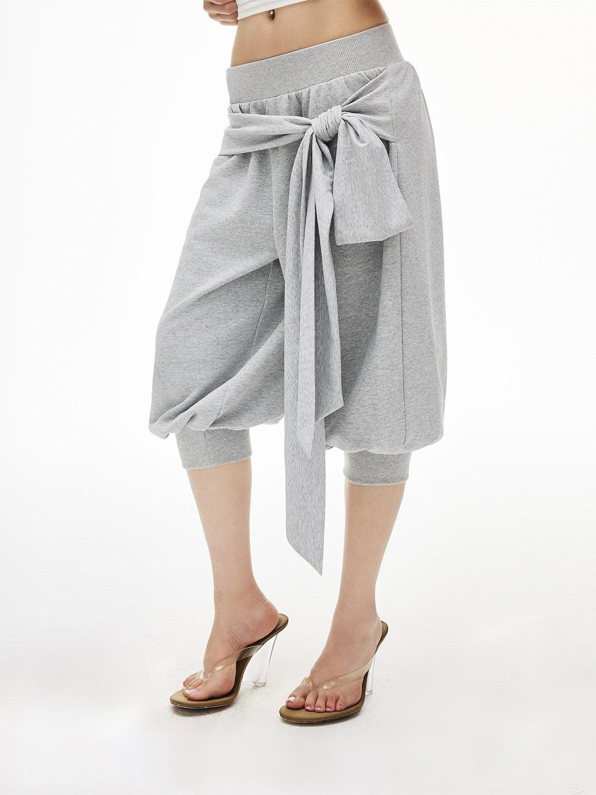 iamxiaa Heather Grey Ribbed Wide Waist Tie Drop Crotch Harem Women&