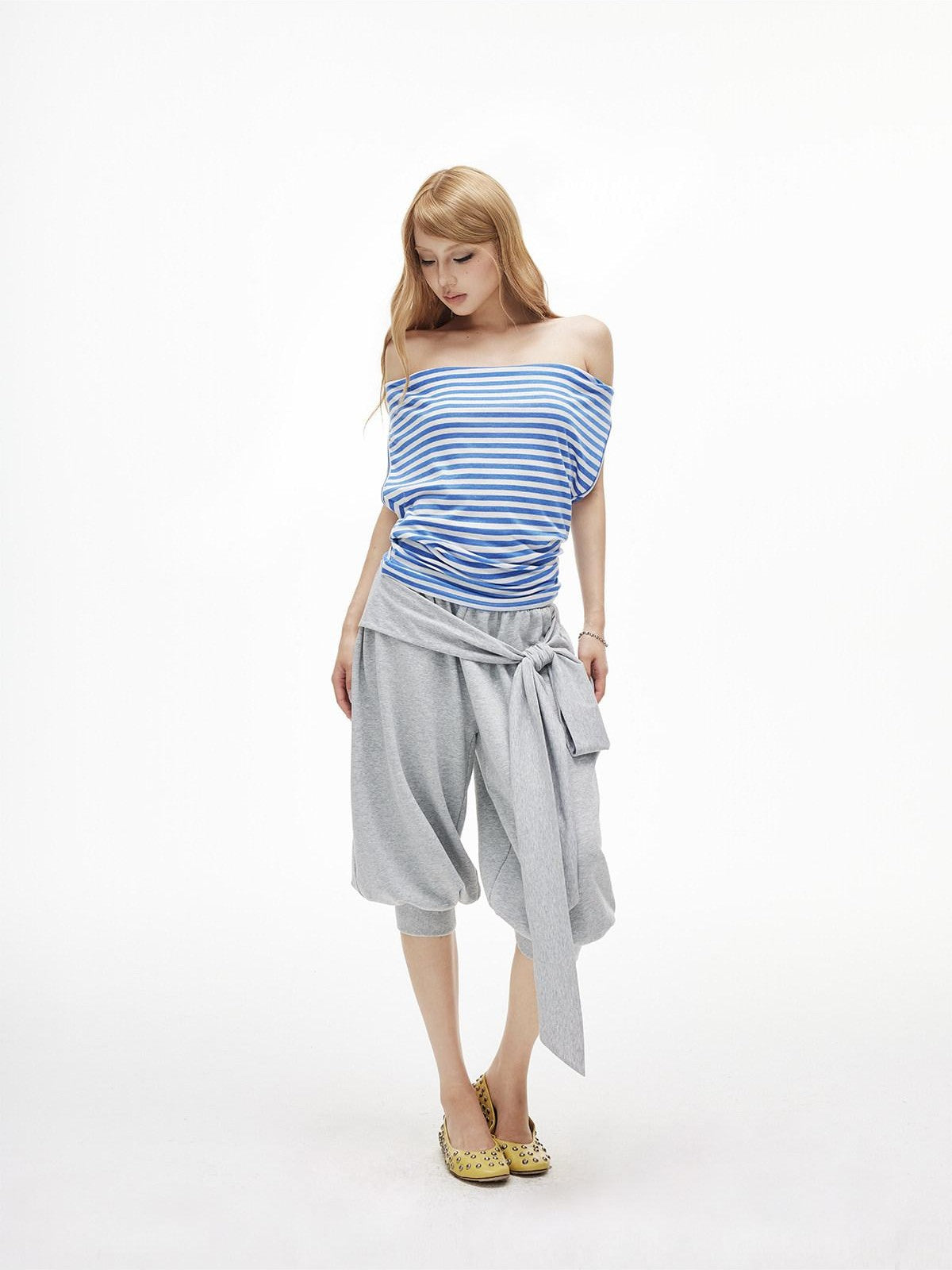 iamxiaa Heather Grey Ribbed Wide Waist Tie Drop Crotch Harem Women&