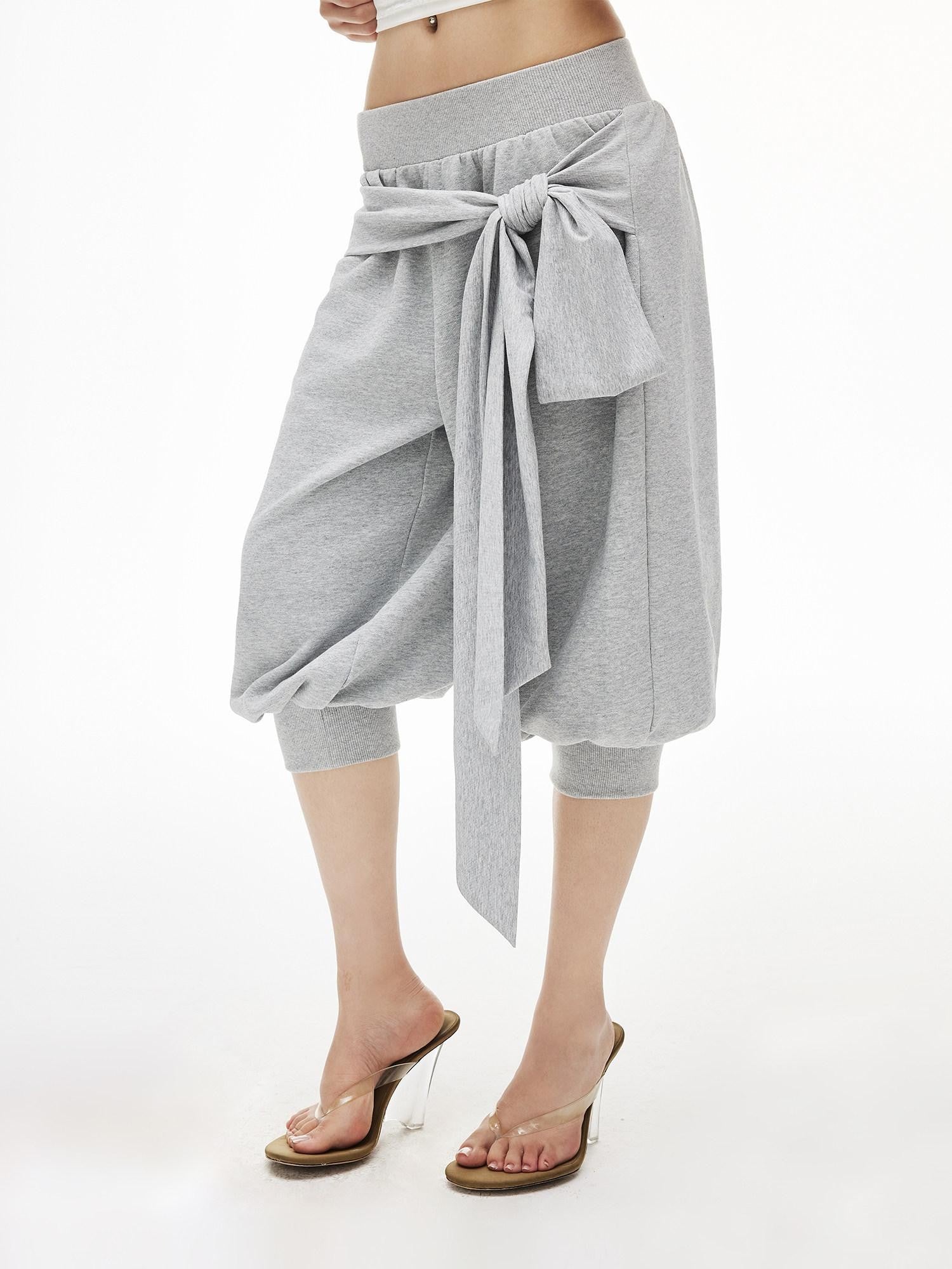 iamxiaa Heather Grey Ribbed Wide Waist Tie Drop Crotch Harem Women&