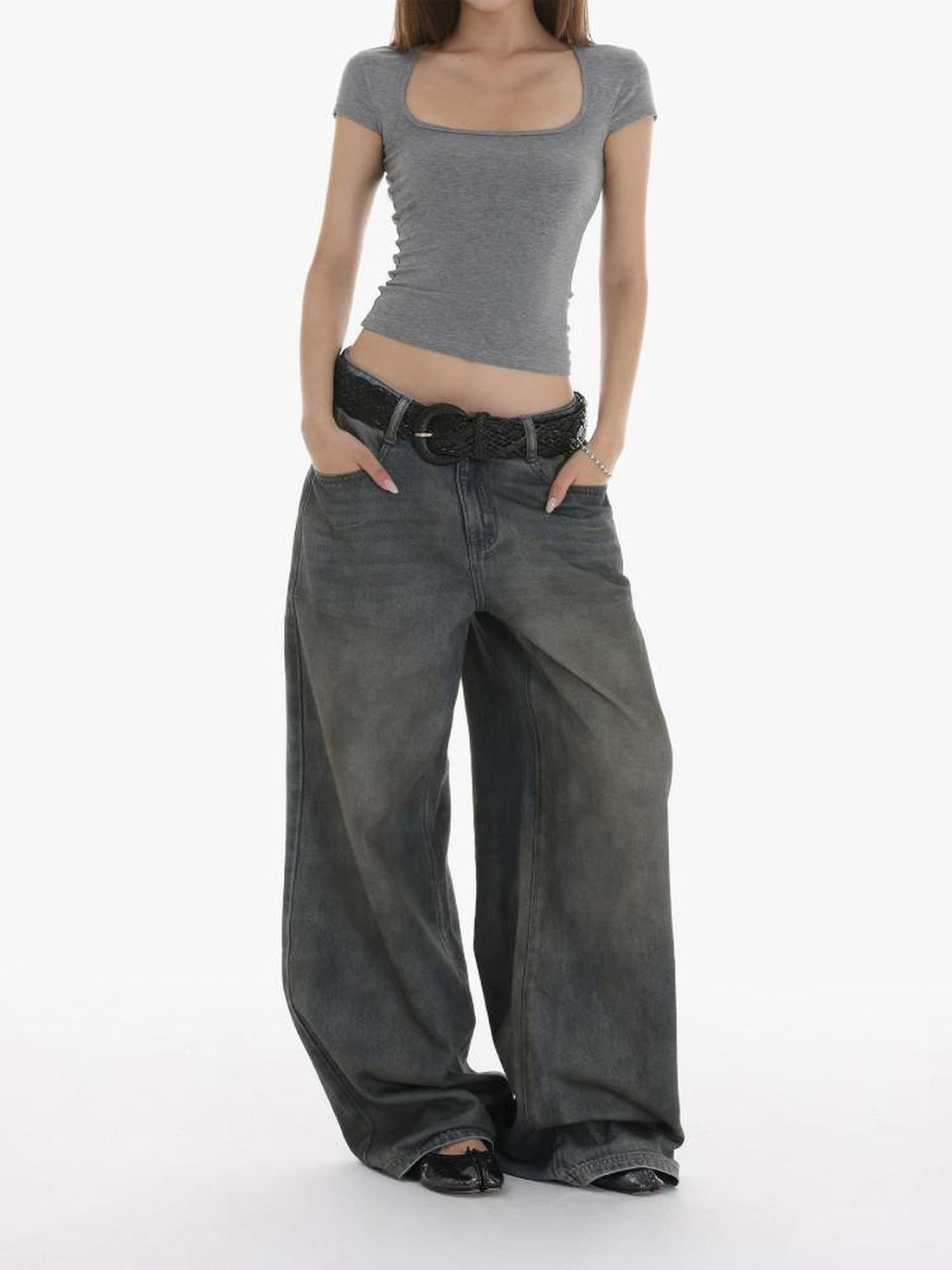 iamxiaa Heavy Wash Rhinestone Low Rise Women&