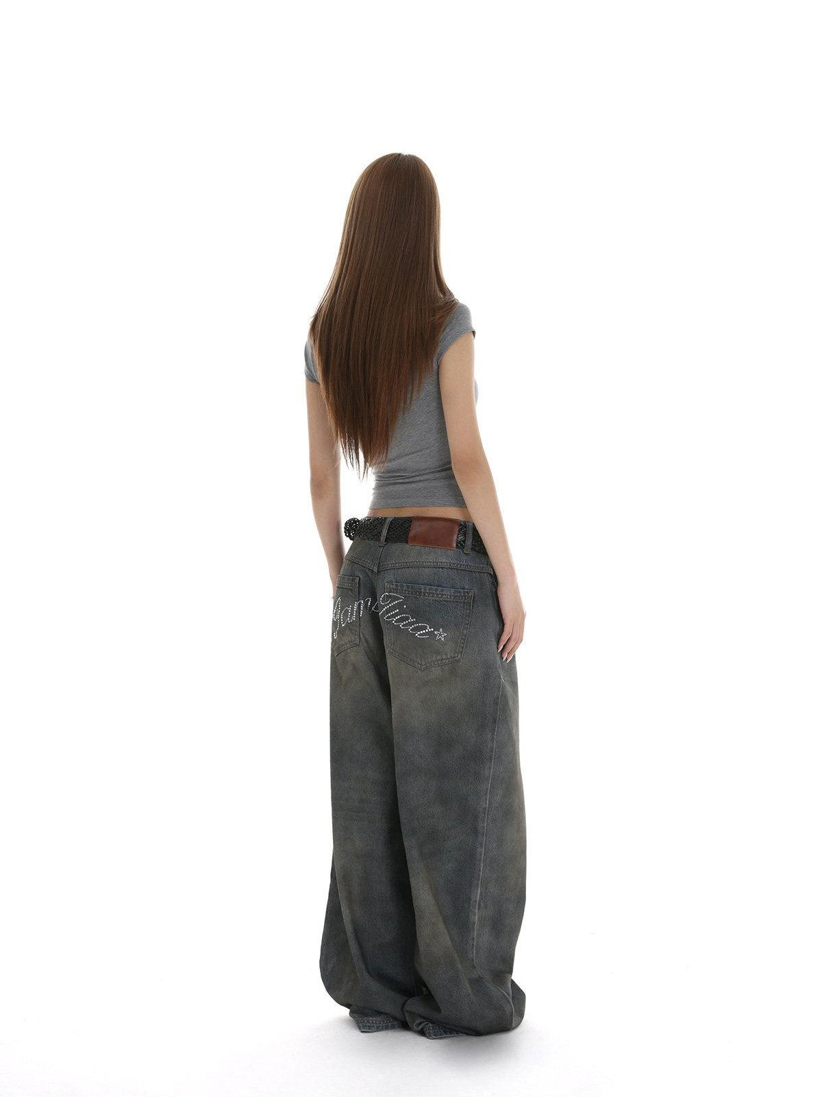 iamxiaa Heavy Wash Rhinestone Low Rise Women&