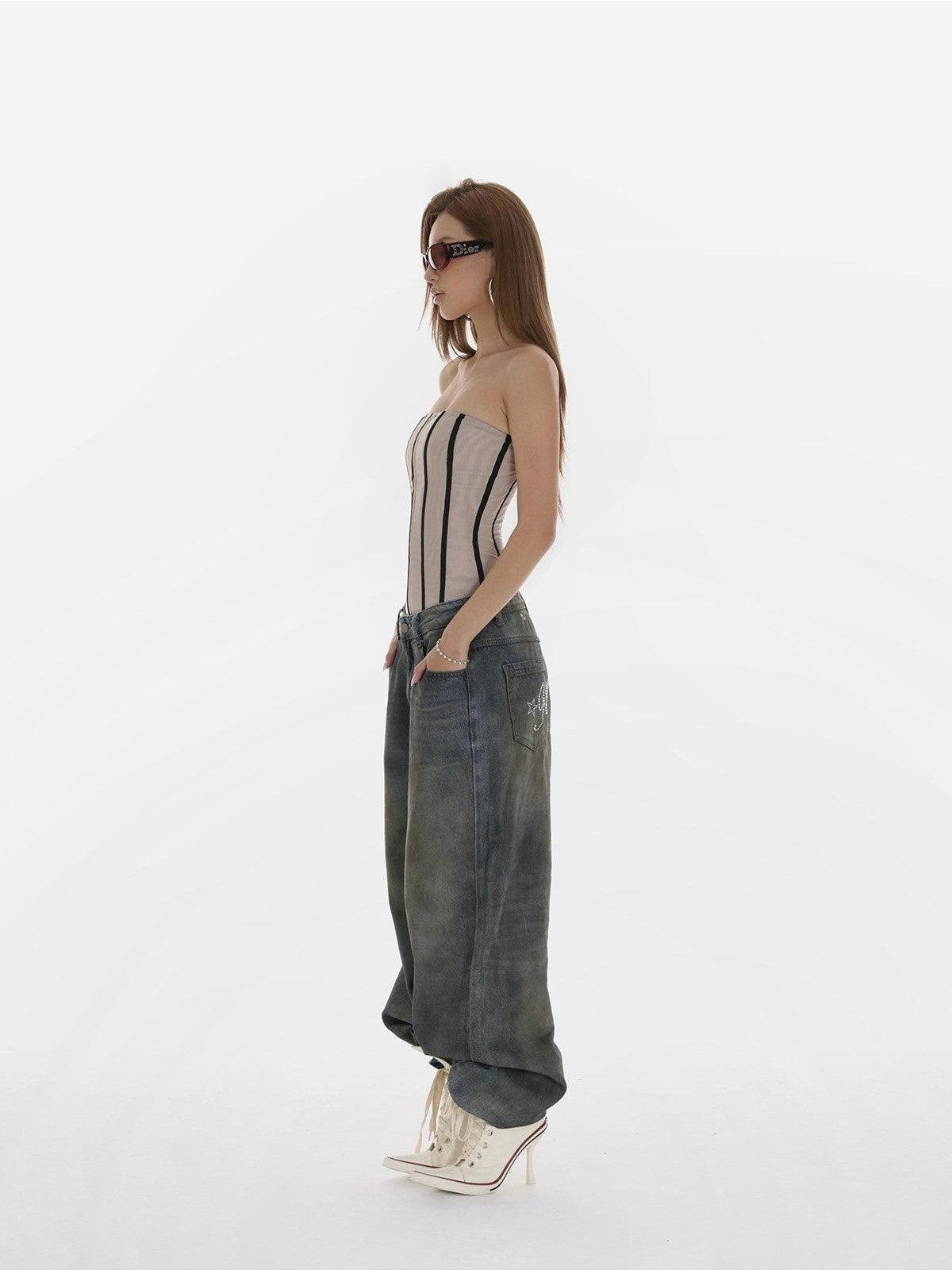iamxiaa Heavy Wash Rhinestone Low Rise Women&
