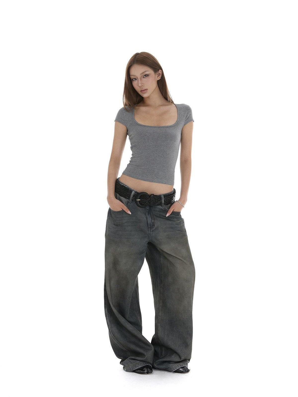 iamxiaa Heavy Wash Rhinestone Low Rise Women&