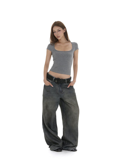 iamxiaa Heavy Wash Rhinestone Low Rise Women&