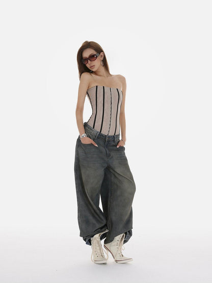 iamxiaa Heavy Wash Rhinestone Low Rise Women&