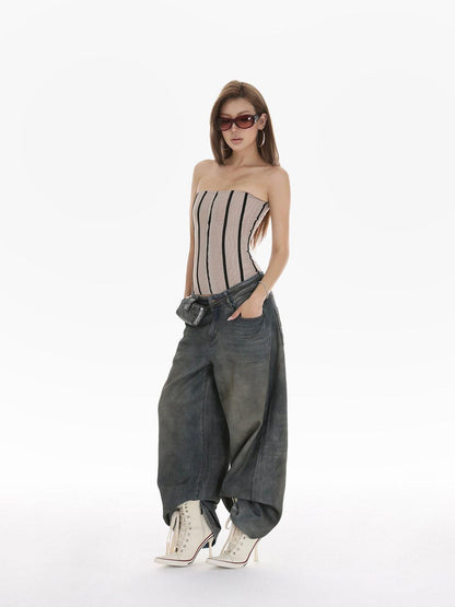 iamxiaa Heavy Wash Rhinestone Low Rise Women&