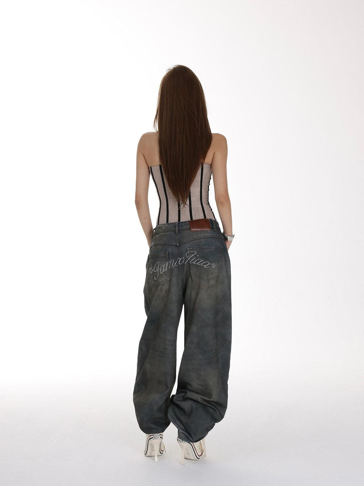 iamxiaa Heavy Wash Rhinestone Low Rise Women&