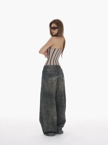 iamxiaa Heavy Wash Rhinestone Low Rise Women&