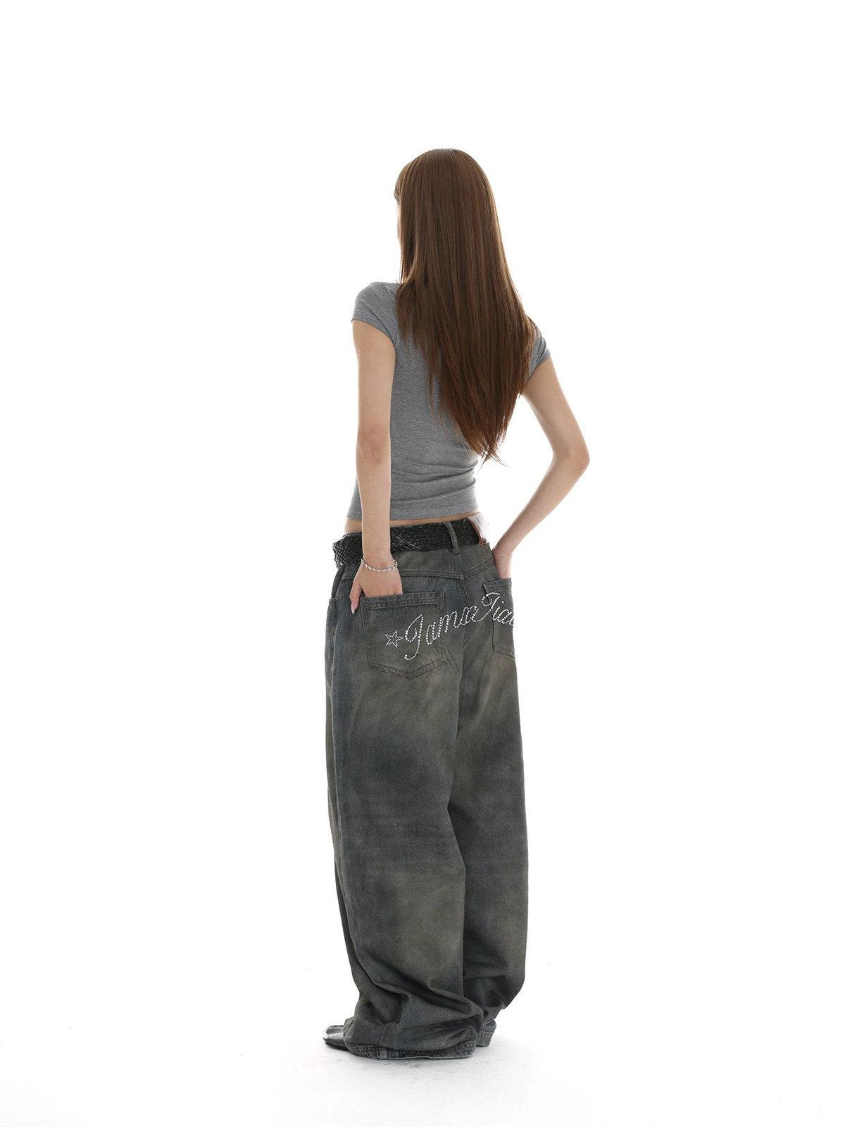 iamxiaa Heavy Wash Rhinestone Low Rise Women&