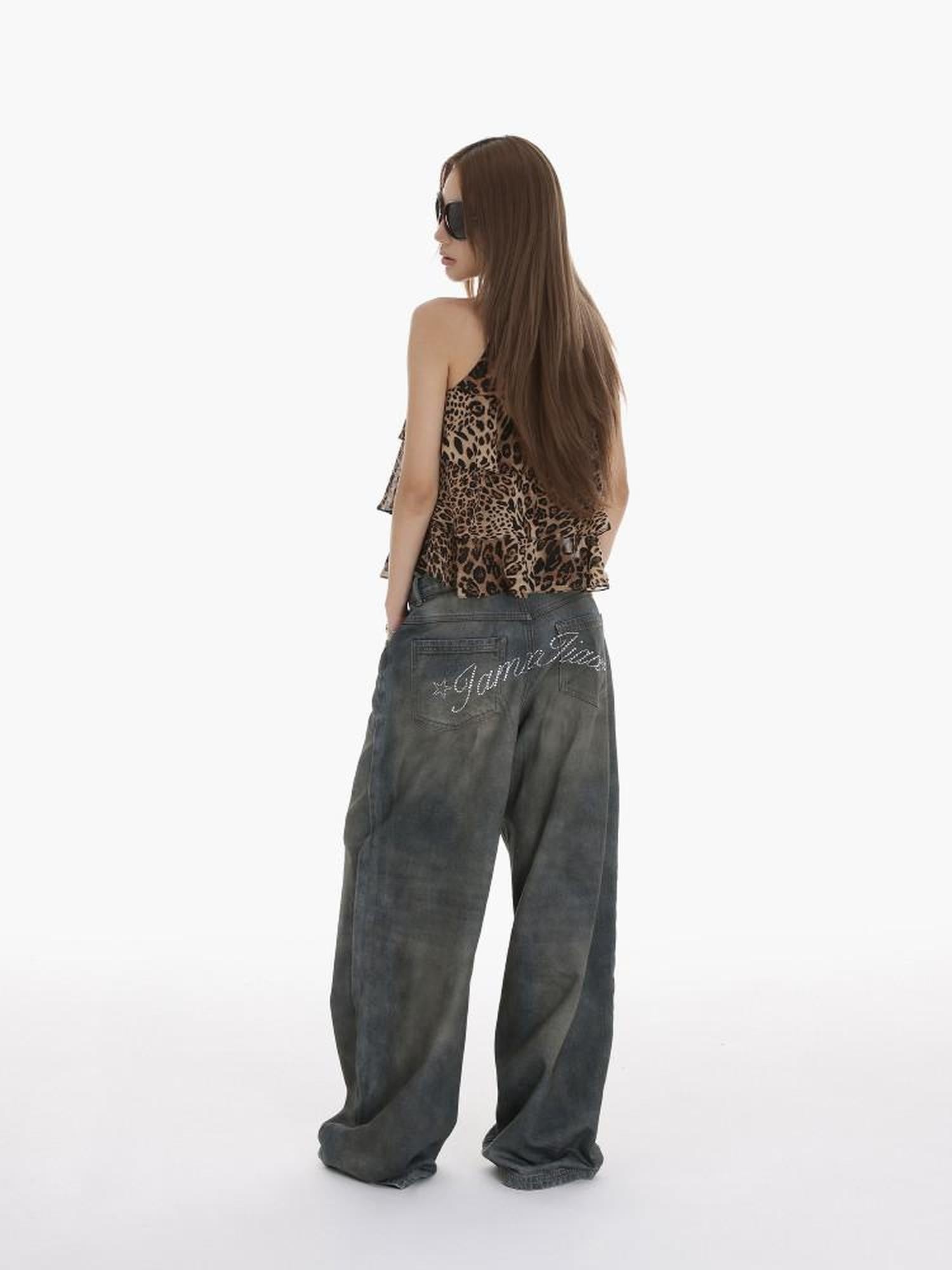 iamxiaa Heavy Wash Rhinestone Low Rise Women&