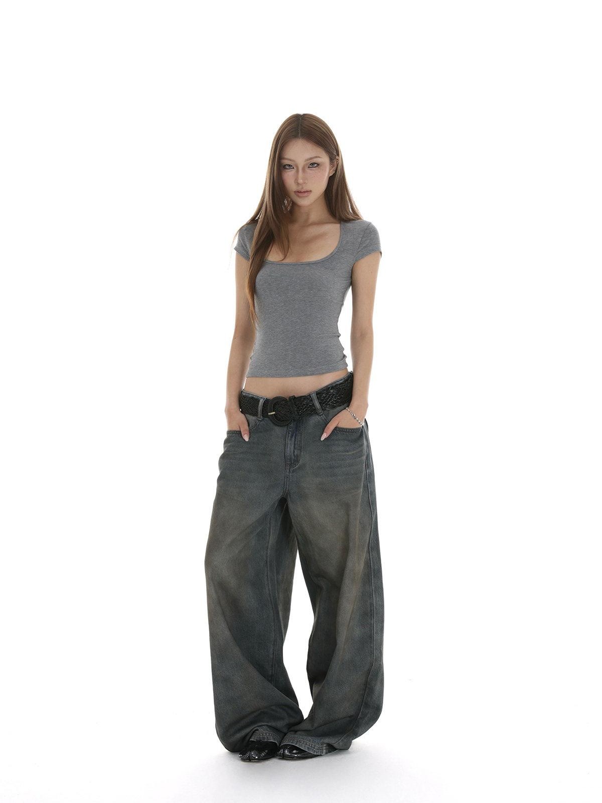 iamxiaa Heavy Wash Rhinestone Low Rise Women&
