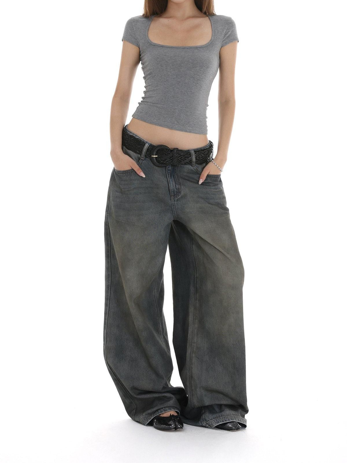iamxiaa Heavy Wash Rhinestone Low Rise Women&