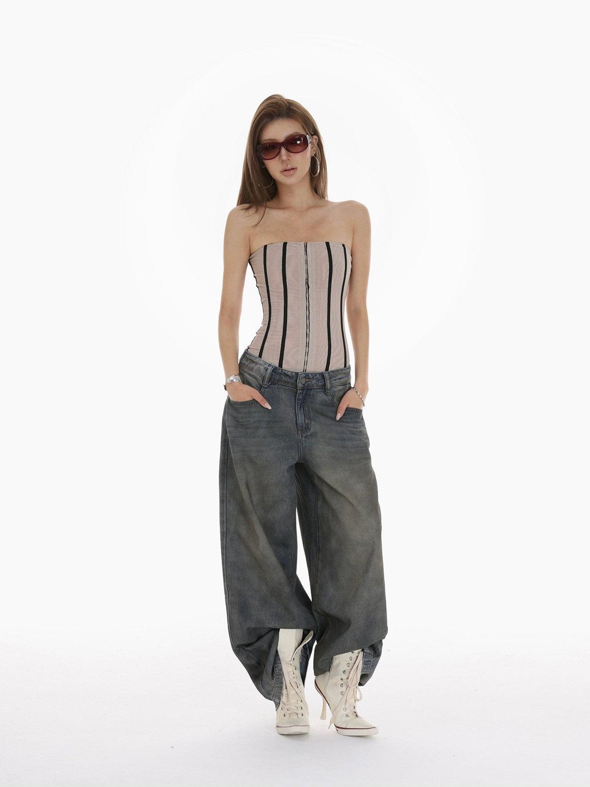 iamxiaa Heavy Wash Rhinestone Low Rise Women&