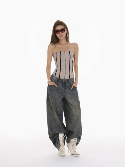 iamxiaa Heavy Wash Rhinestone Low Rise Women&