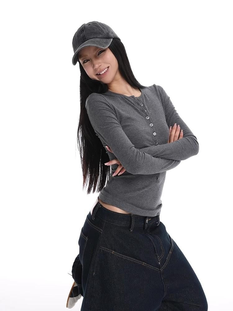 iamxiaa Henley V-neck Slim Fit Women&