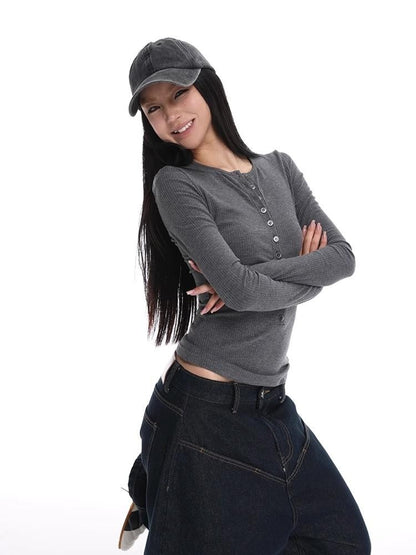 iamxiaa Henley V-neck Slim Fit Women&