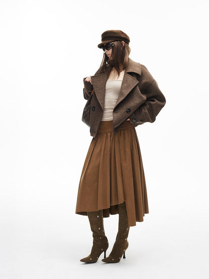 iamxiaa Herringbone Double Breasted Lapel Gathered Hem Women&