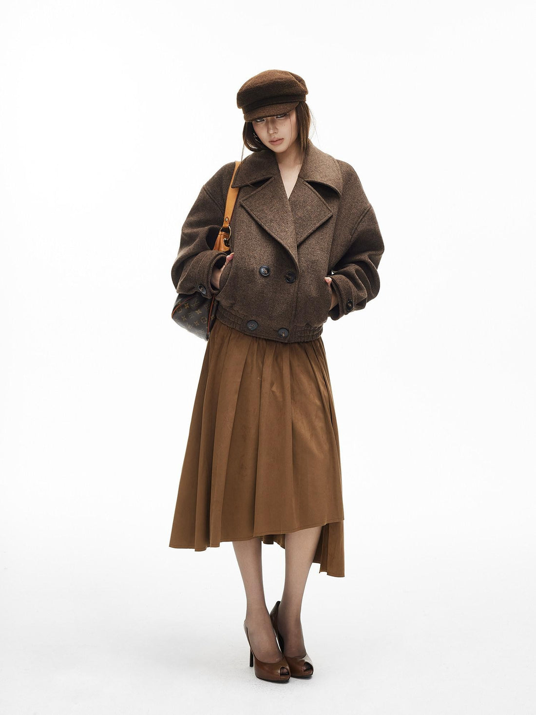 iamxiaa Herringbone Double Breasted Lapel Gathered Hem Women&