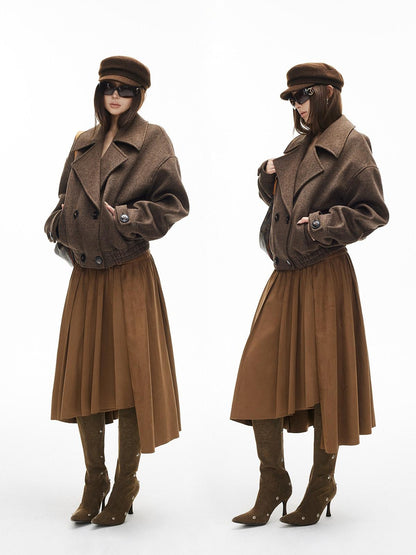 iamxiaa Herringbone Double Breasted Lapel Gathered Hem Women&