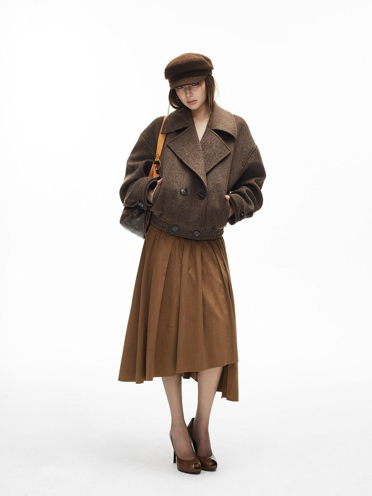 iamxiaa Herringbone Double Breasted Lapel Gathered Hem Women&