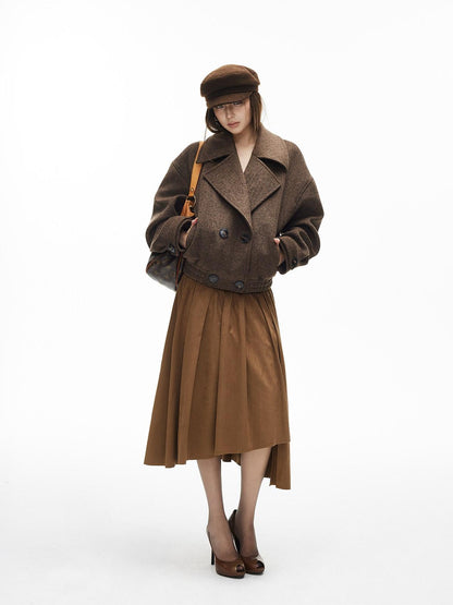 iamxiaa Herringbone Double Breasted Lapel Gathered Hem Women&