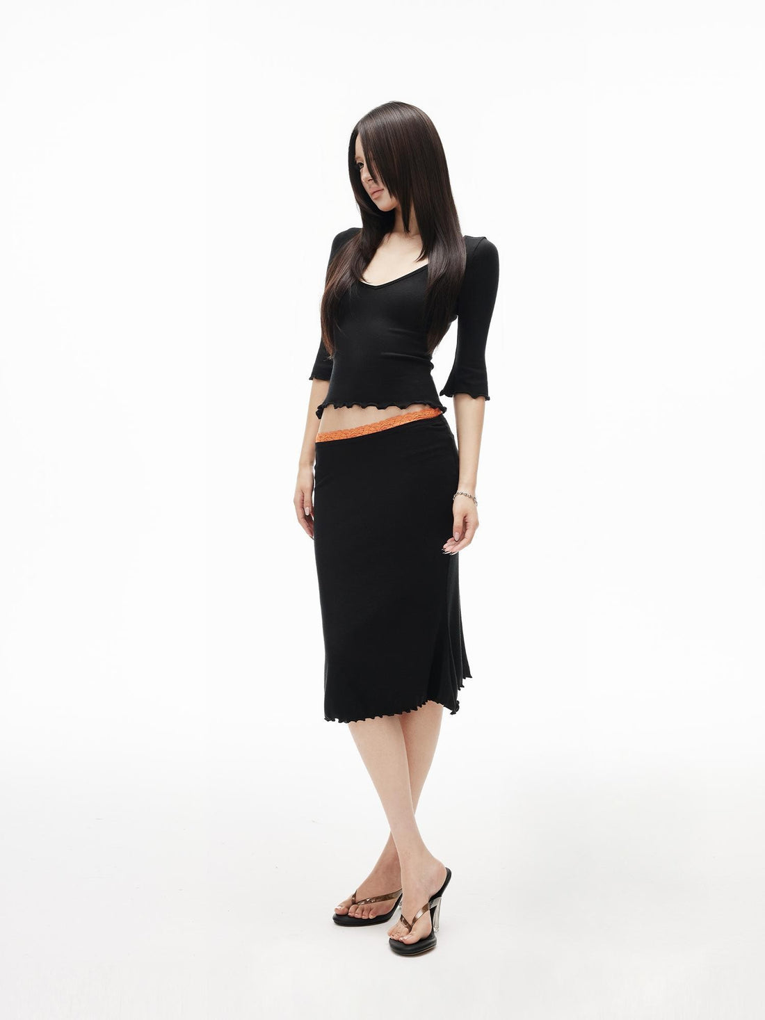 iamxiaa High Stretch Modal Sweetheart Ruffle Trim Color Block Fishtail Women&