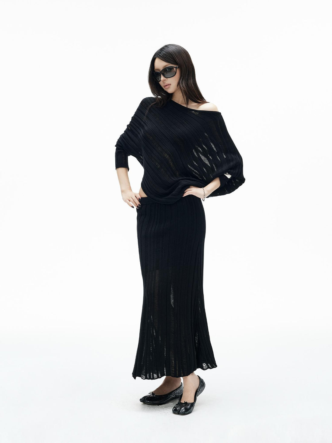 iamxiaa Hollow Out Ribbed Knit Asymmetric One Shoulder Women&