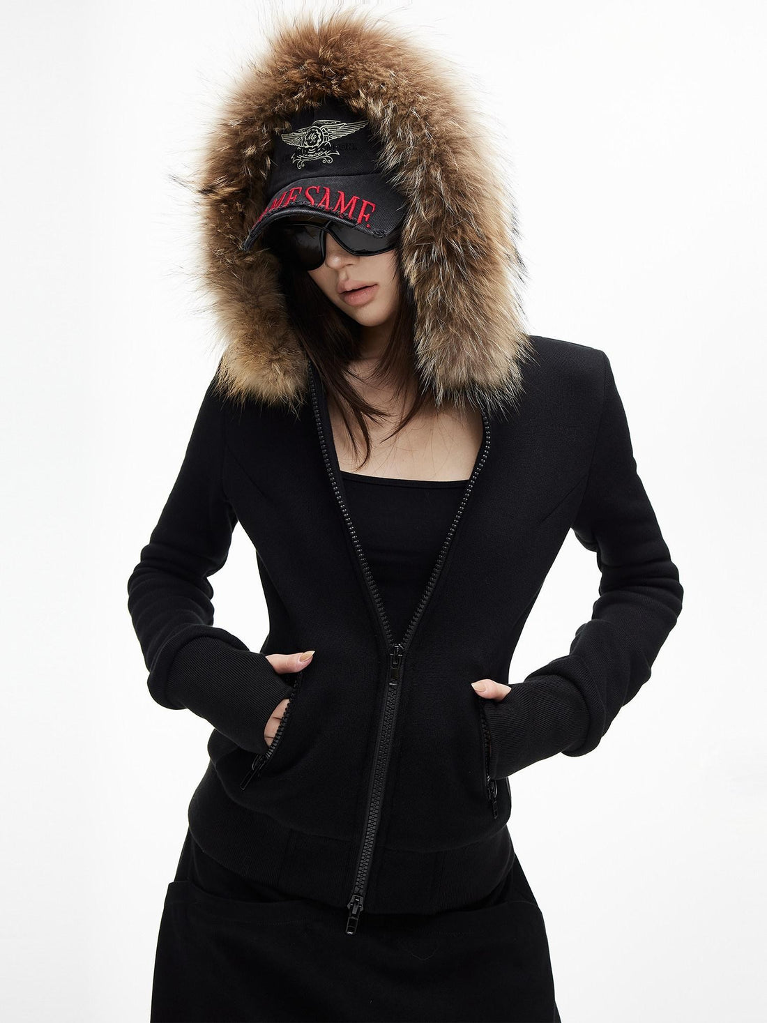 iamxiaa Hooded Raccoon Fur Collar Slim Waist Women&