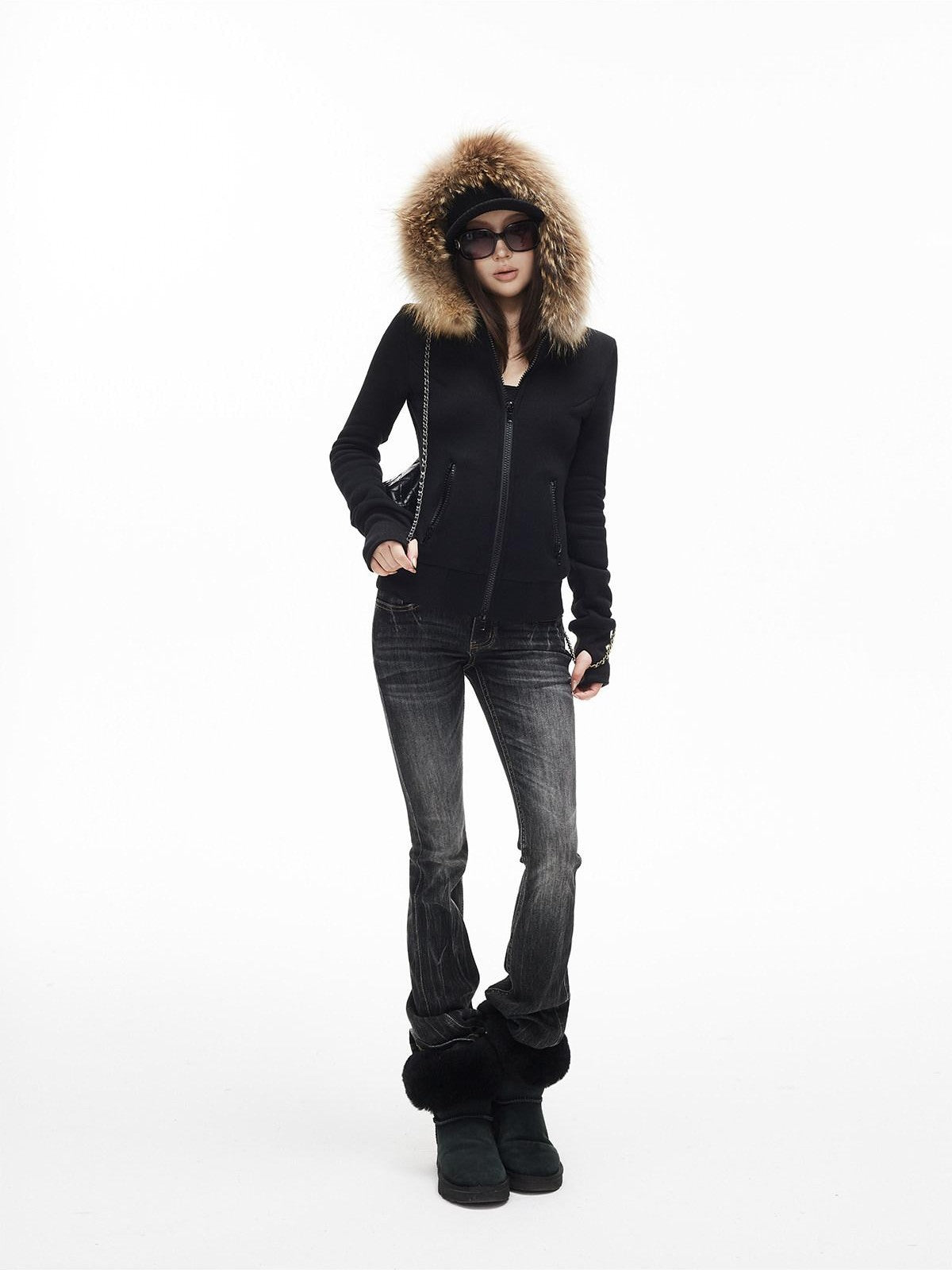 iamxiaa Hooded Raccoon Fur Collar Slim Waist Women&