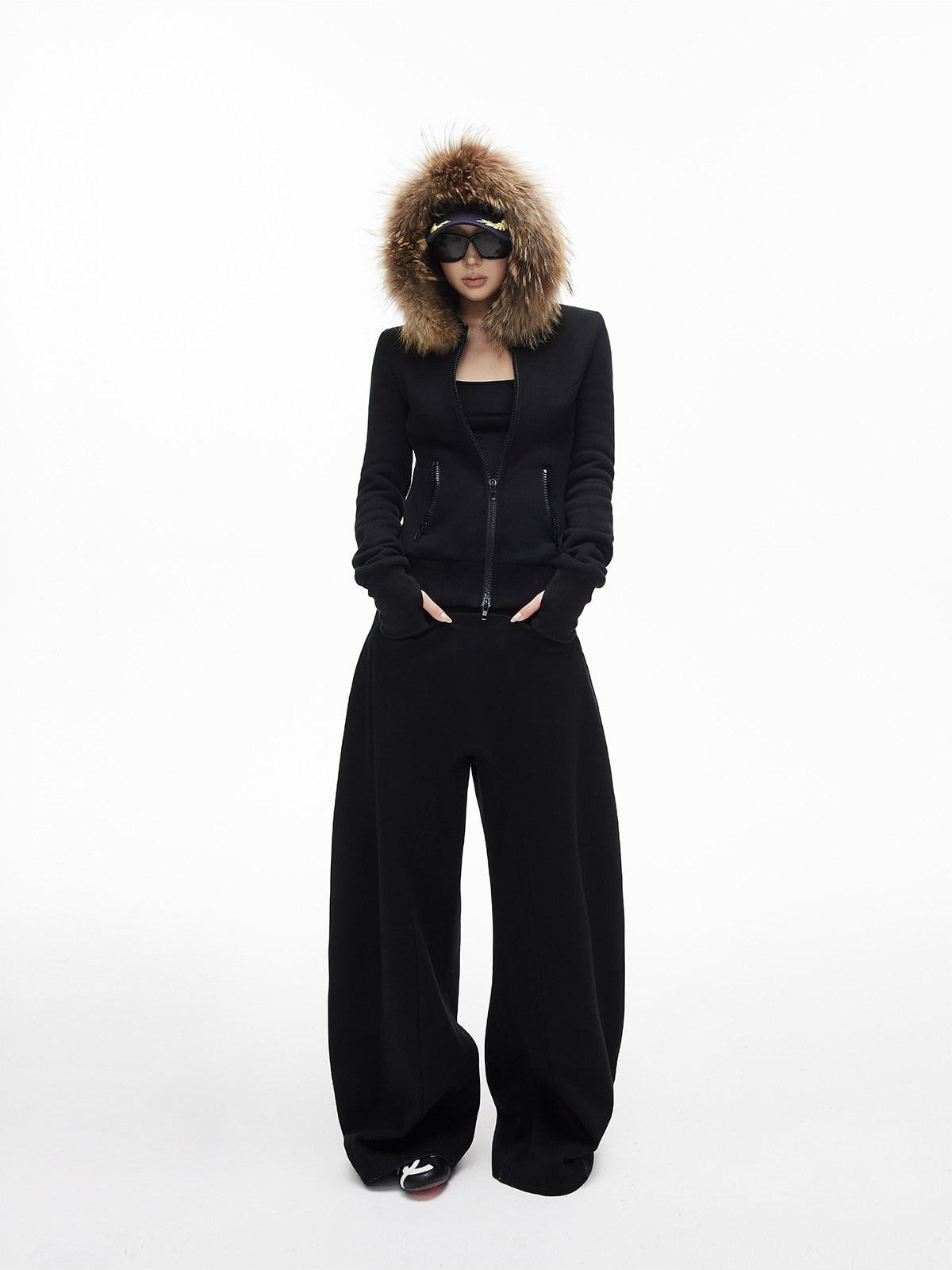 iamxiaa Hooded Raccoon Fur Collar Slim Waist Women&