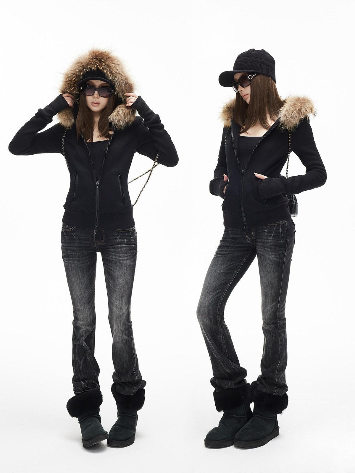 iamxiaa Hooded Raccoon Fur Collar Slim Waist Women&