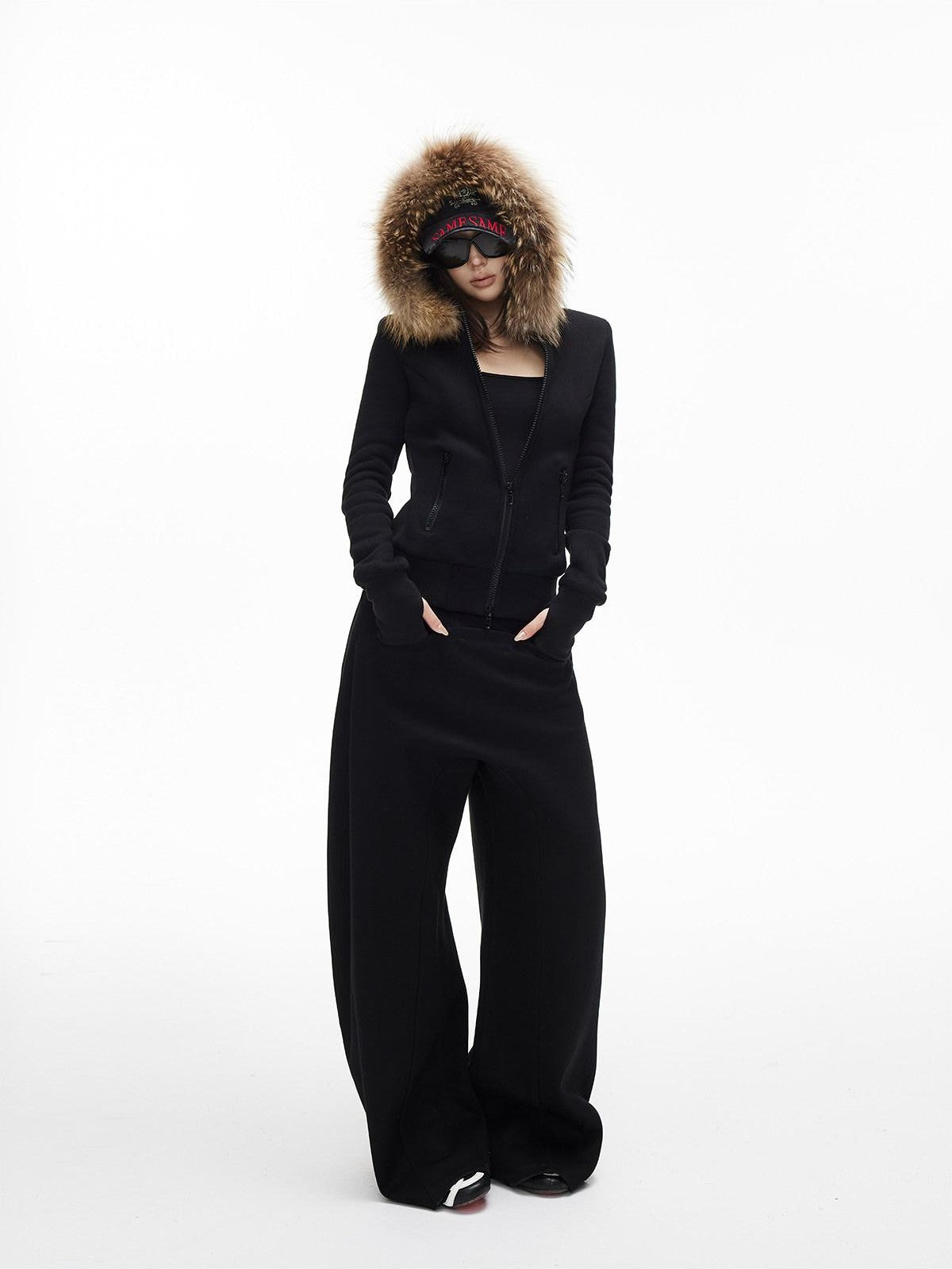 iamxiaa Hooded Raccoon Fur Collar Slim Waist Women&