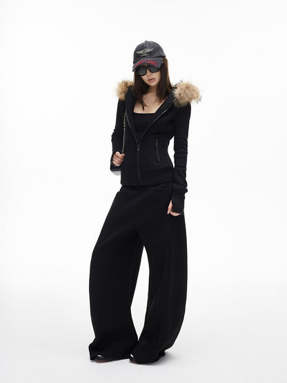 iamxiaa Hooded Raccoon Fur Collar Slim Waist Women&
