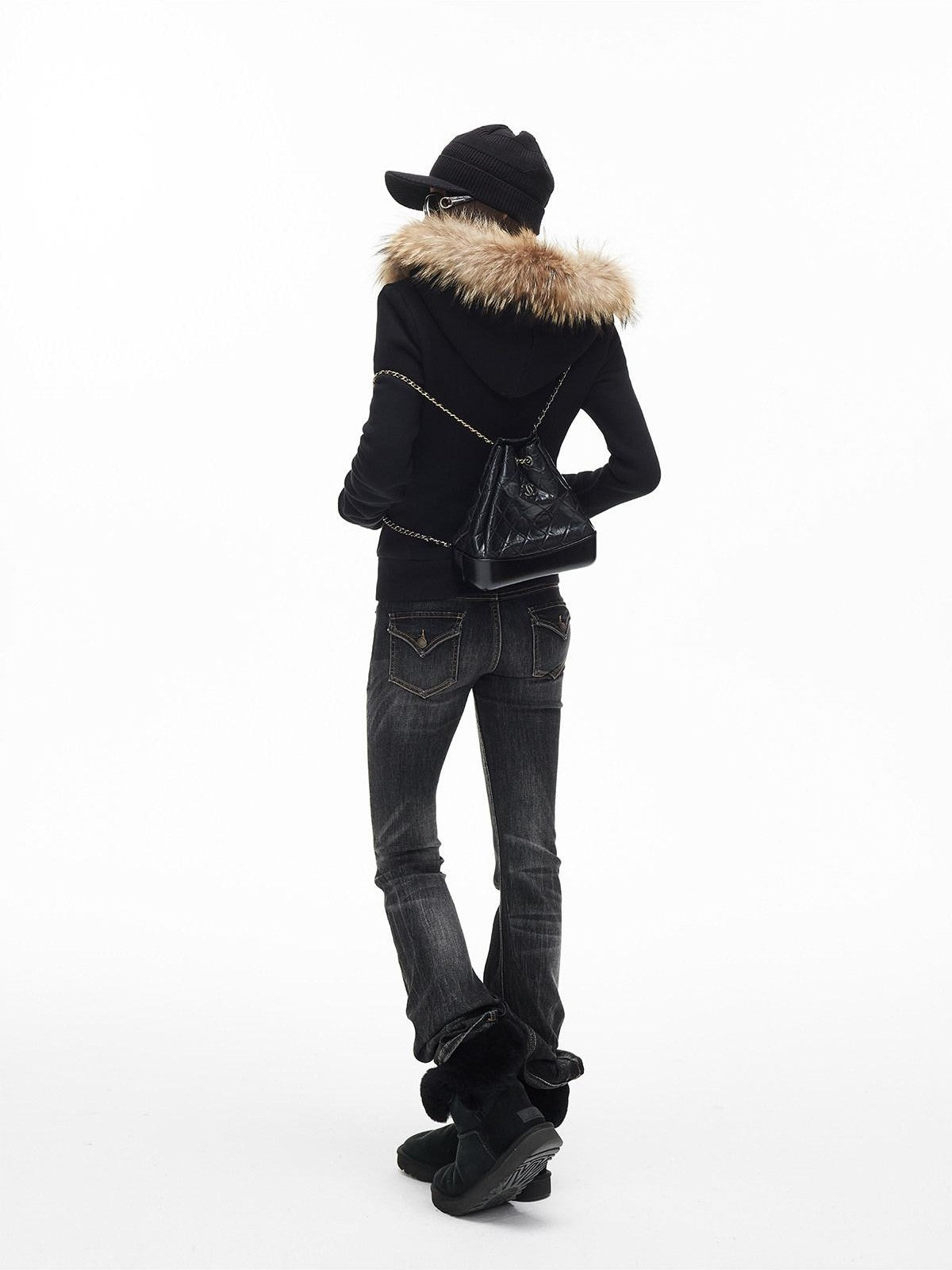 iamxiaa Hooded Raccoon Fur Collar Slim Waist Women&