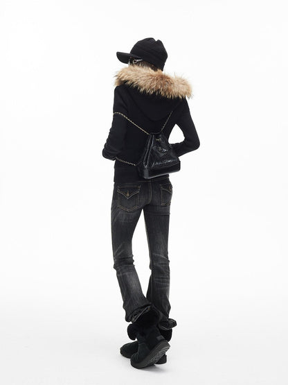 iamxiaa Hooded Raccoon Fur Collar Slim Waist Women&