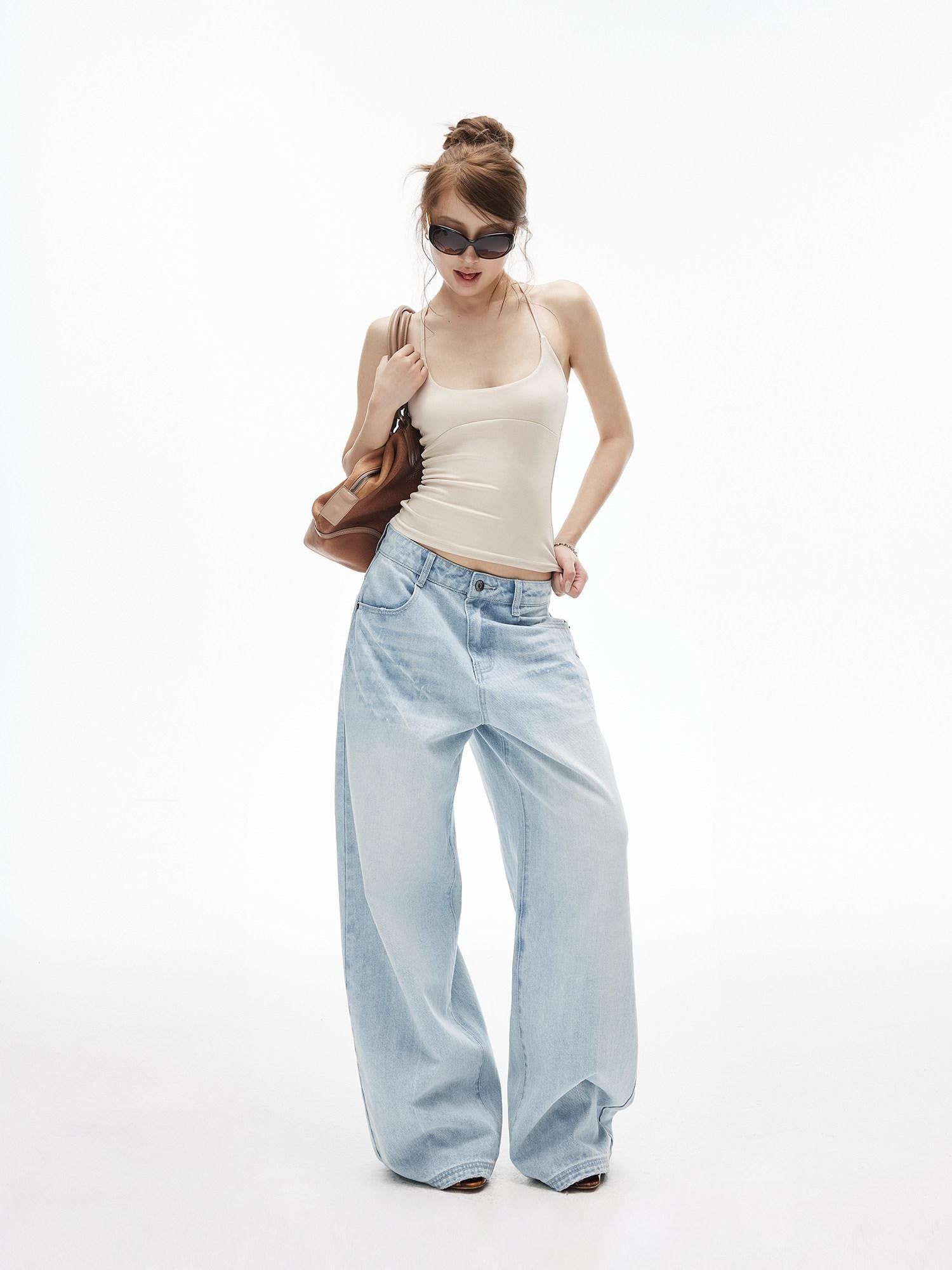 iamxiaa Ice Blue Washed Deconstructed Back Pockets Low Rise Women&