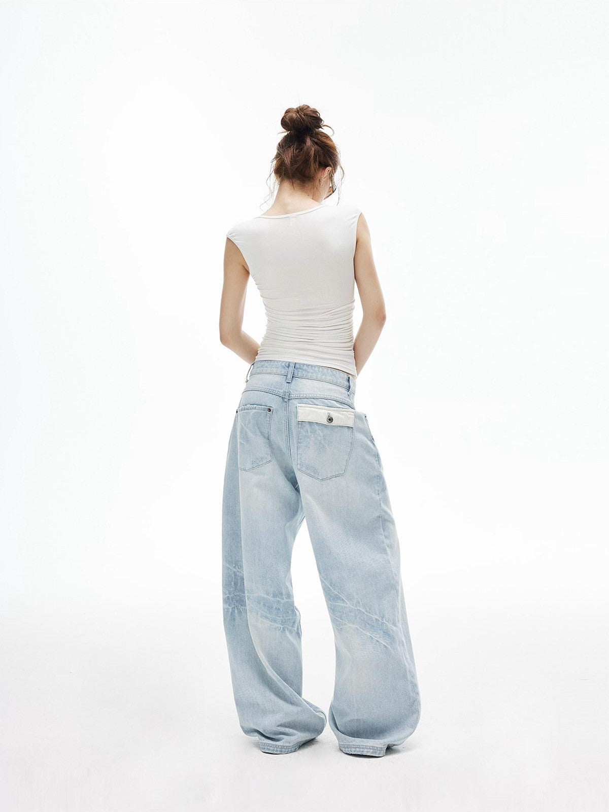 iamxiaa Ice Blue Washed Deconstructed Back Pockets Low Rise Women&